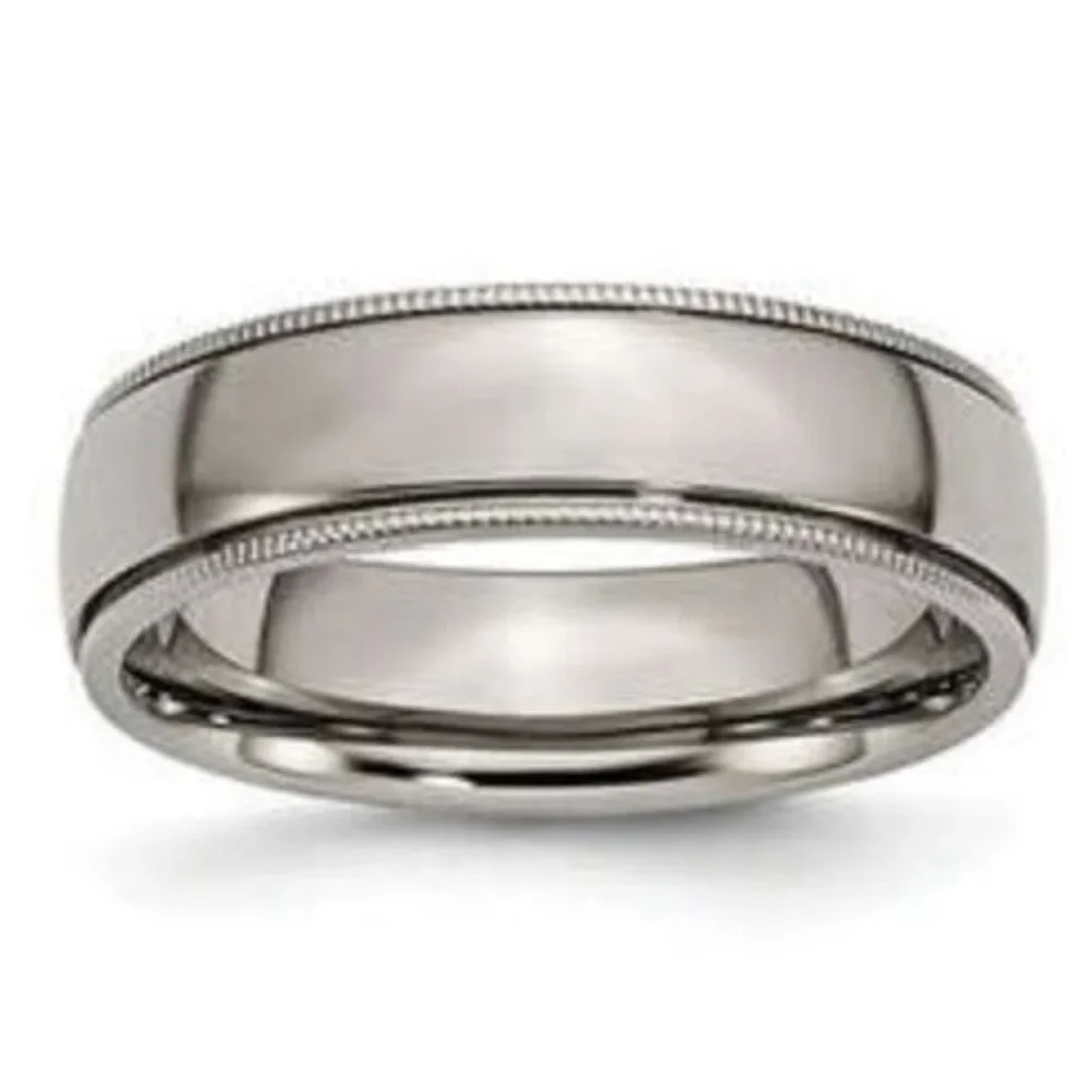 Chisel Titanium Grooved and Beaded Edge 6mm‎ Polished Band, Finger Size 9.5